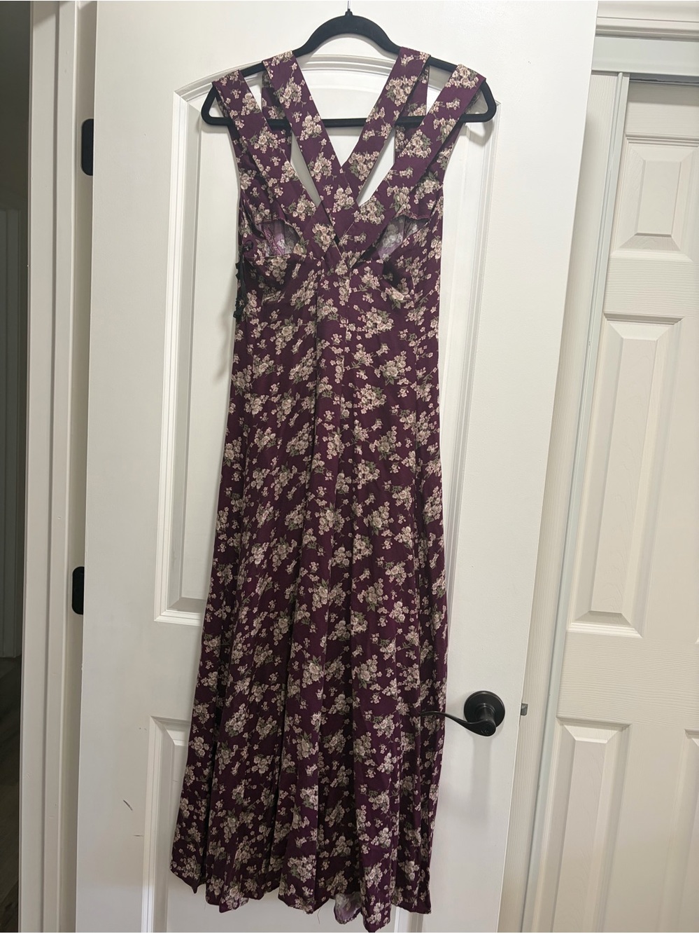 Vintage 90s CDC Floral Maxi Dress - Strappy Lattice Back - Burgundy Maroon
